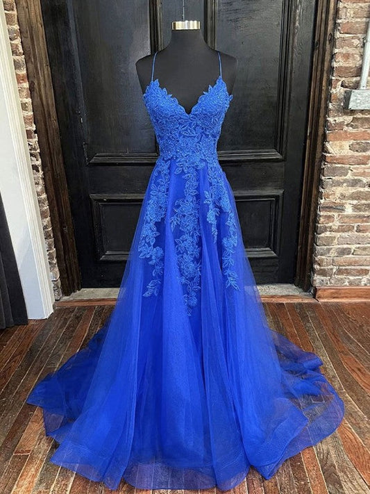 A-Line Princess Tulle Applique V-Neck Evening Gown.