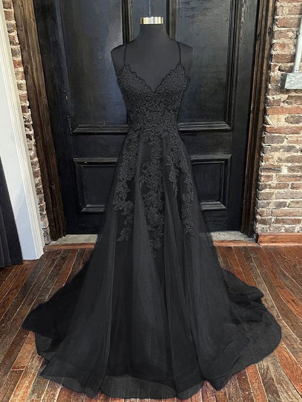 Black A-Line Princess Tulle Applique Evening Gown.