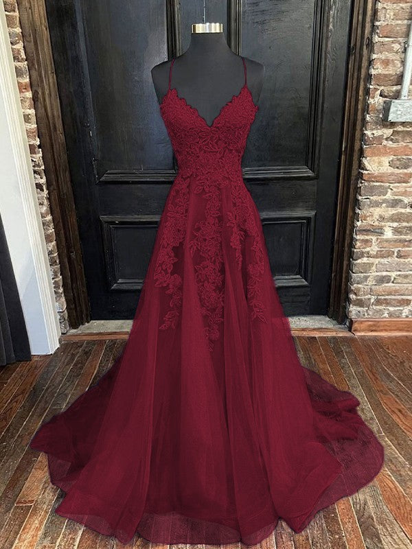 Burgundy A-Line Princess Tulle Applique Evening Gown.