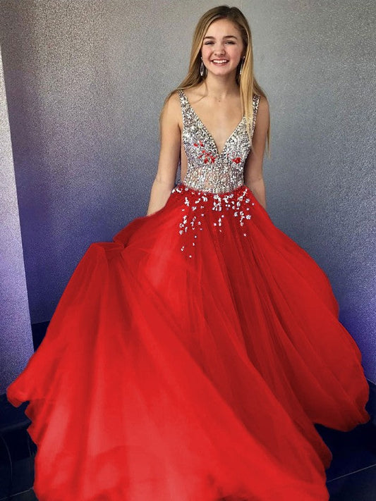 Red A-Line Princess tulle evening dress with V-neck and intricate beading.