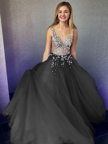 Elegant black A-Line Princess tulle gown, sleeveless with V-neck and delicate beading.