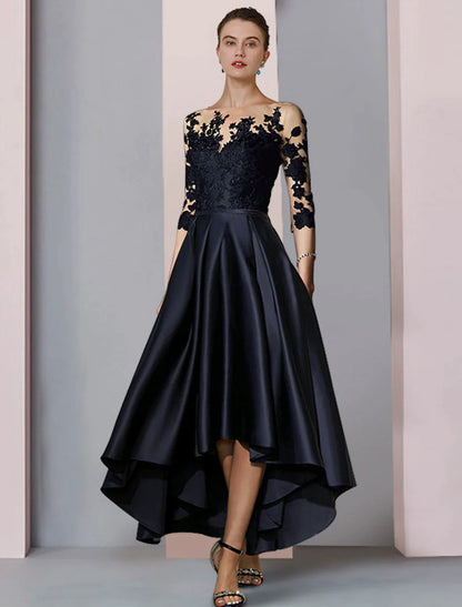 Elegant A-Line Mother of the Bride dress with scoop neck and 3/4 sleeves.