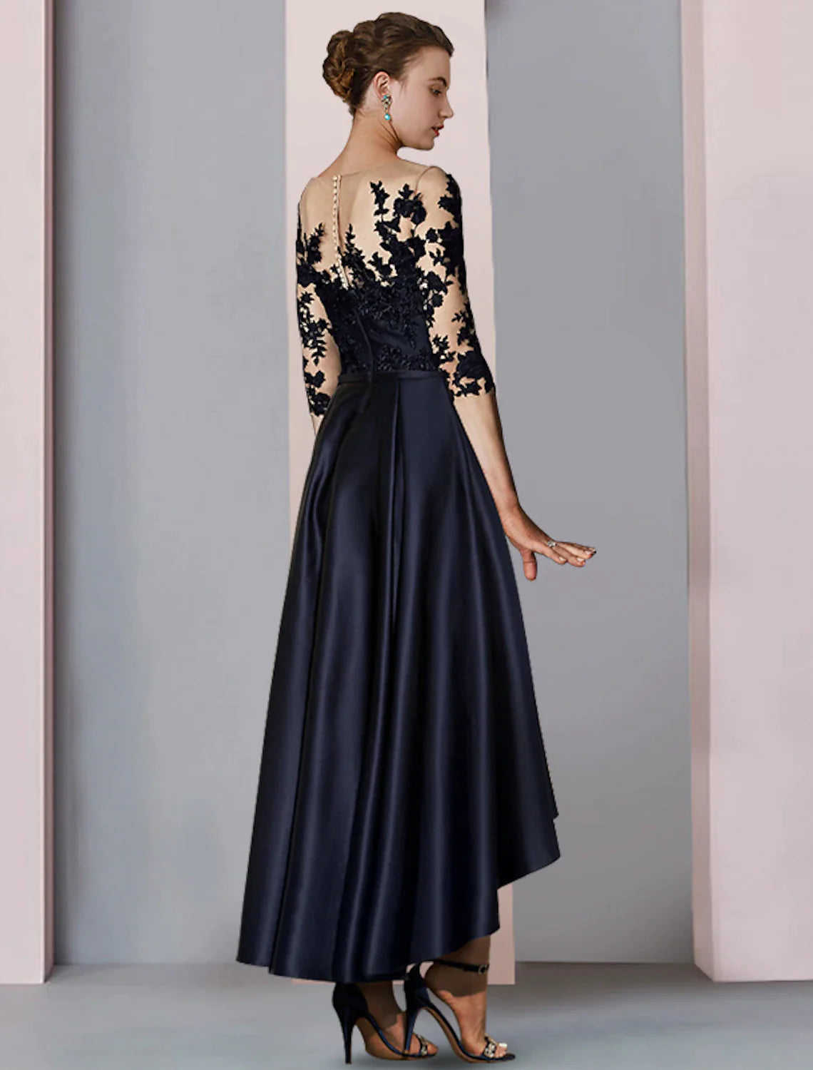 Side view of the tea-length A-Line dress, highlighting its elegant silhouette.