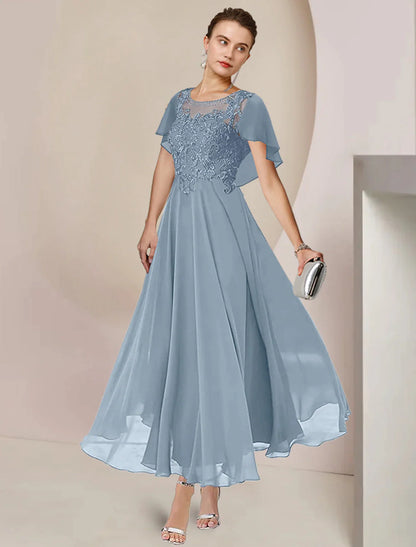 Elegant A-Line Mother of the Bride dress with scoop neck and tea length.