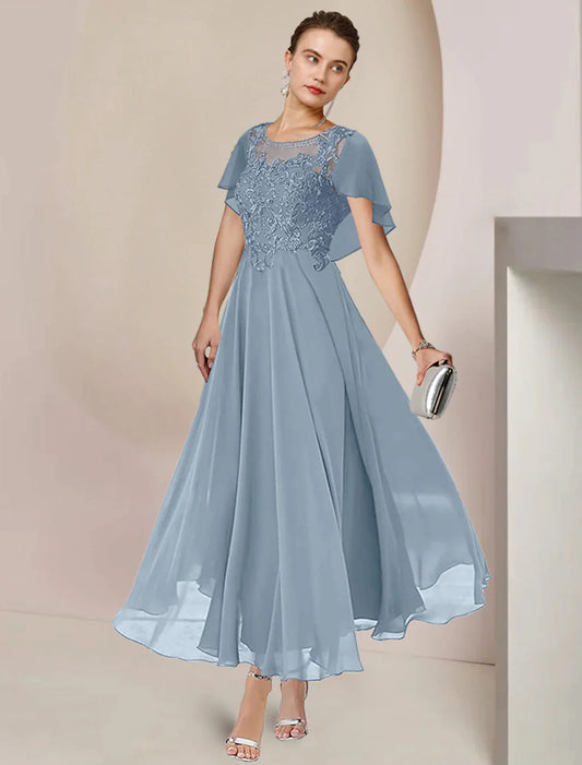 Elegant A-Line Mother of the Bride dress with scoop neck and tea length.