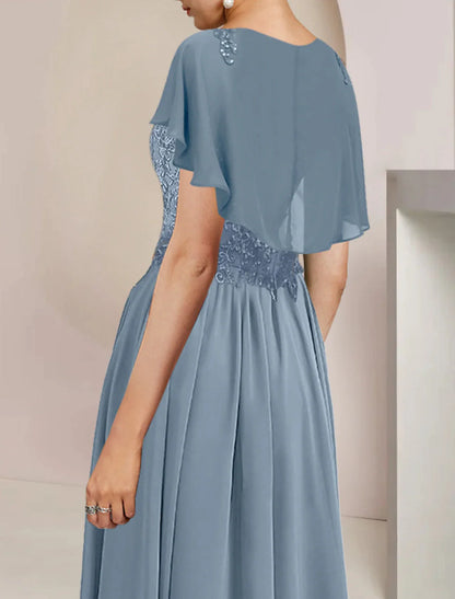 Side view of A-Line chiffon lace dress with beading appliques.