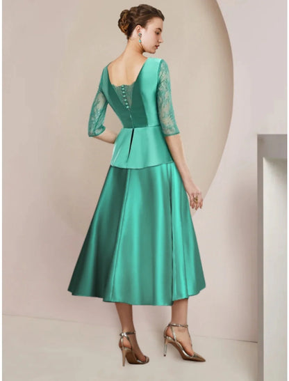 A-line tea-length dress with scoop neck, half sleeves, ruching, and bow detail, side view.