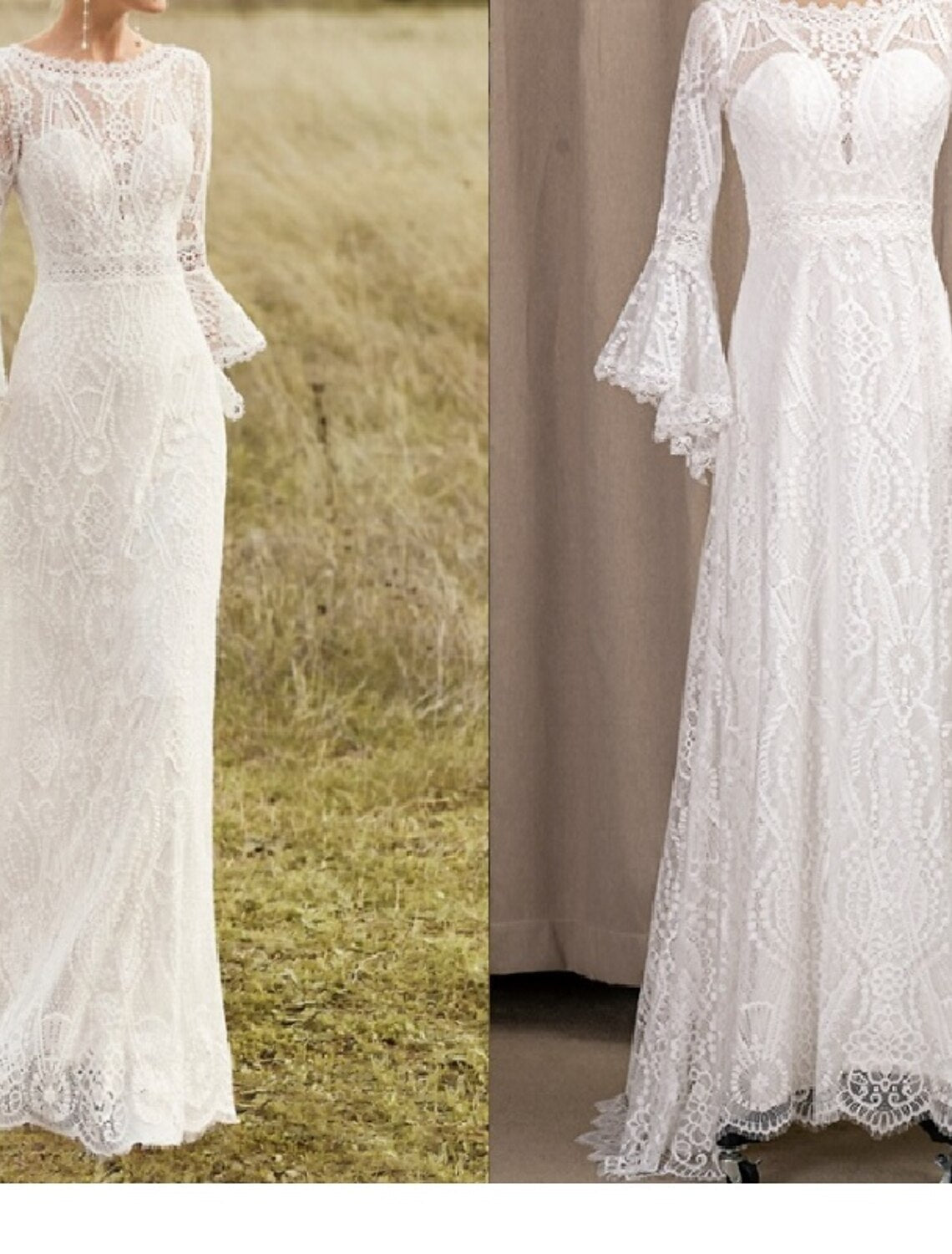 Intricate lace detail on the bodice and long sleeves of the bridal gown.