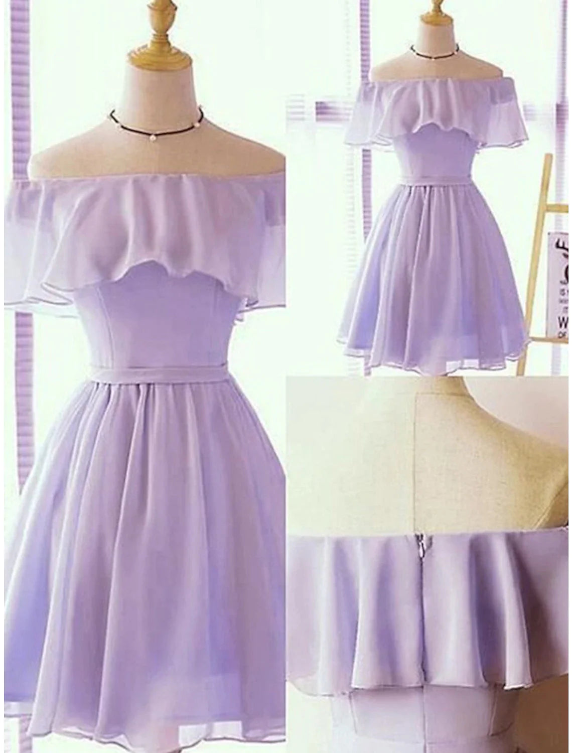 Model wearing an elegant A-line short off-shoulder chiffon homecoming dress with ruffles.