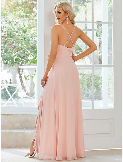 Model gracefully posing in the floor-length A-line chiffon dress.