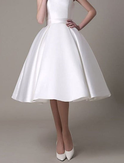 Back view of a model wearing a sleeveless A-line satin cocktail dress, highlighting the square neckline.