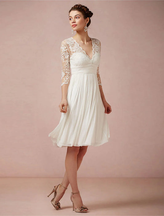 Model wearing a white A-line V-neck reception dress with 3/4 sleeves and ruched details.