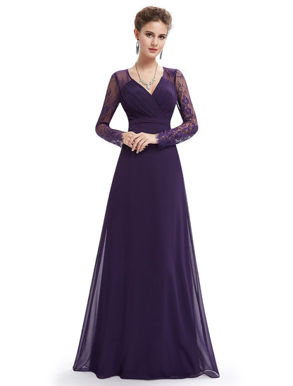 Elegant A-Line V-neck long sleeve chiffon gown with lace insert.