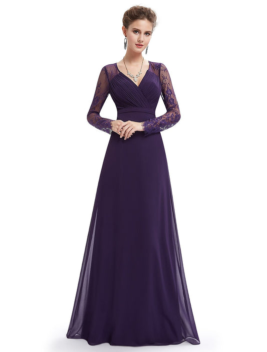 Elegant A-Line V-neck long sleeve chiffon gown with lace insert.