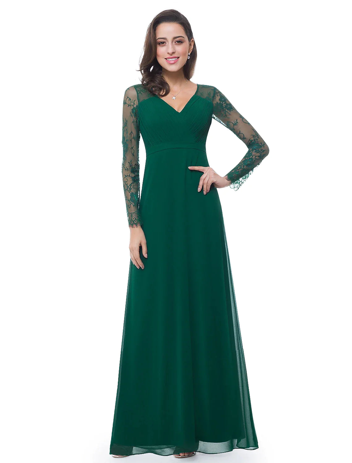 Front view of the A-Line V-neck long sleeve chiffon gown with ruched details.