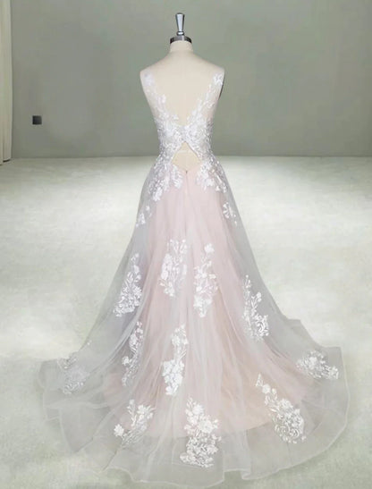 Full length view of the A-line wedding dress, emphasizing the graceful court train.