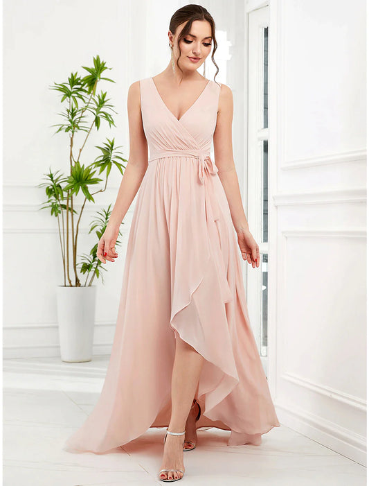 Woman wearing an elegant light blue A-line V-neck ruffled chiffon dress.