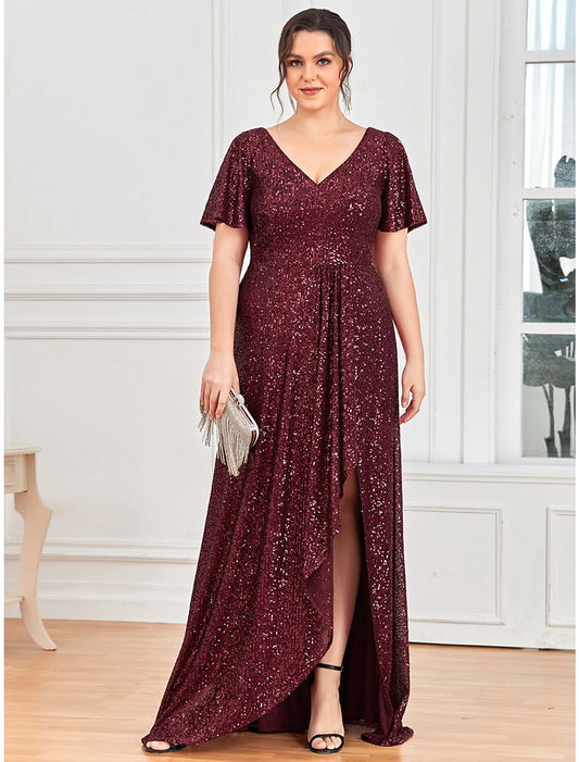 Woman modeling an elegant A-line V-neck short sleeve sequined floor-length evening gown.