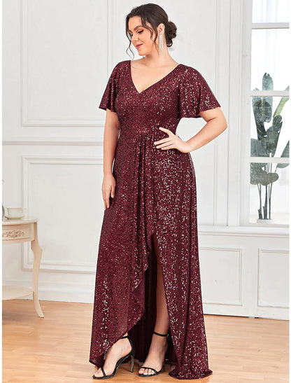 Close-up of the shimmering sequin detail and V-neckline on the A-line evening gown.