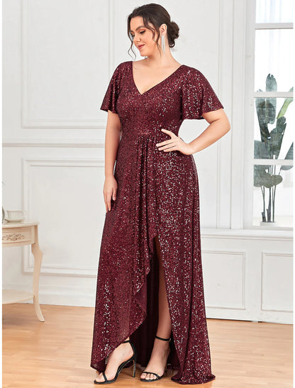 Side view of a woman wearing the A-line V-neck short sleeve sequined evening gown.