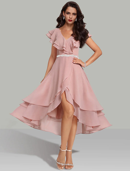 Elegant A-Line tiered tea-length dress with V-neck and short sleeves.