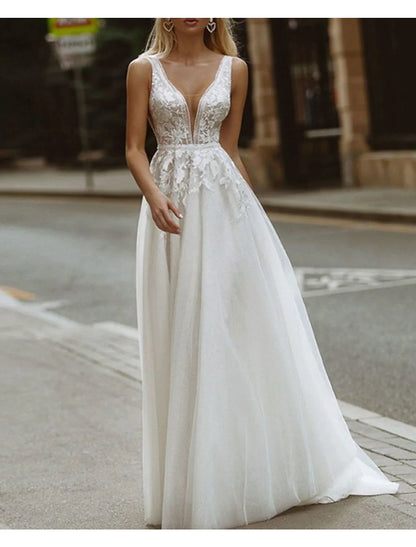 Back view of the A-Line wedding dress showcasing the sweep train.