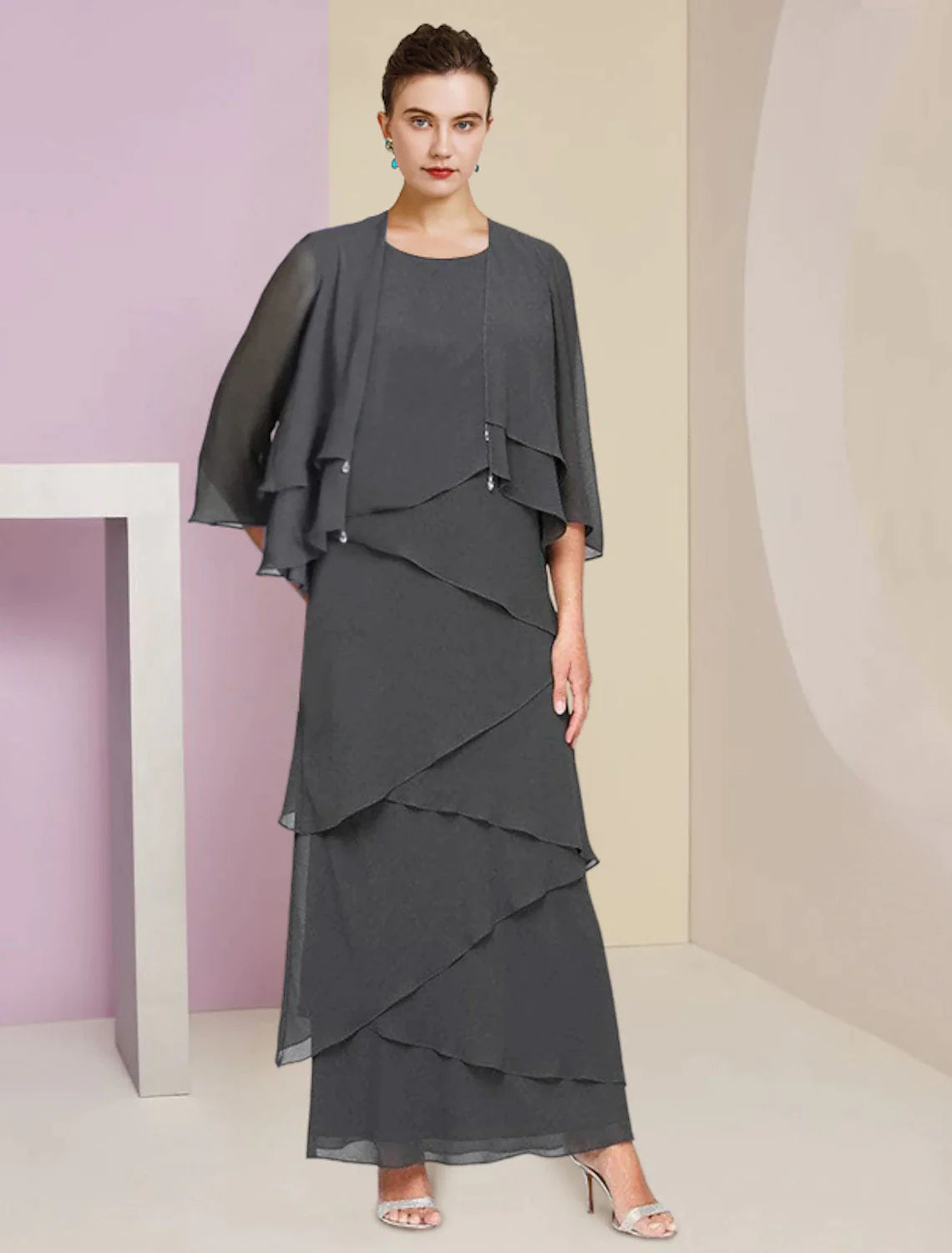 Elegant chiffon sheath column Mother of the Bride dress with scoop neck.
