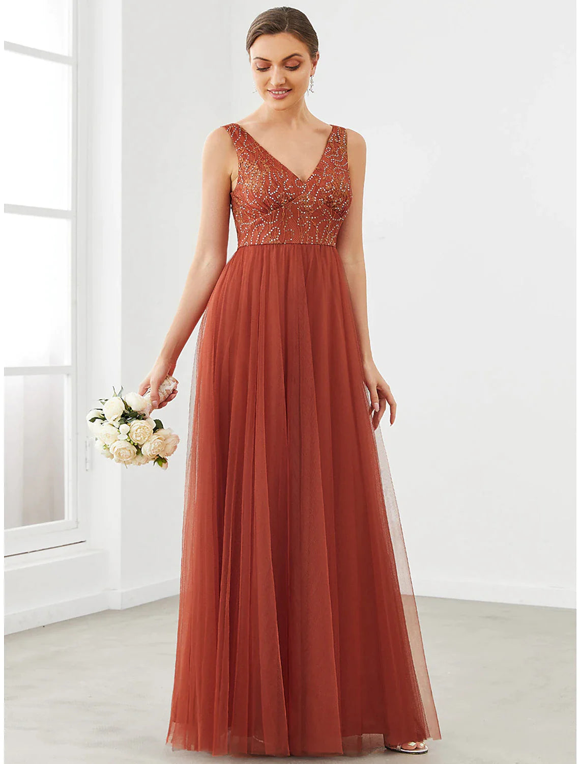 Elegant light blue A-line V-neck tulle prom dress with draping.