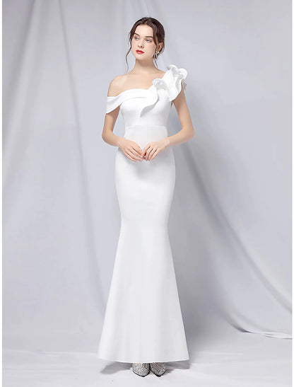 Elegant one-shoulder mermaid trumpet evening gown with ruffles.