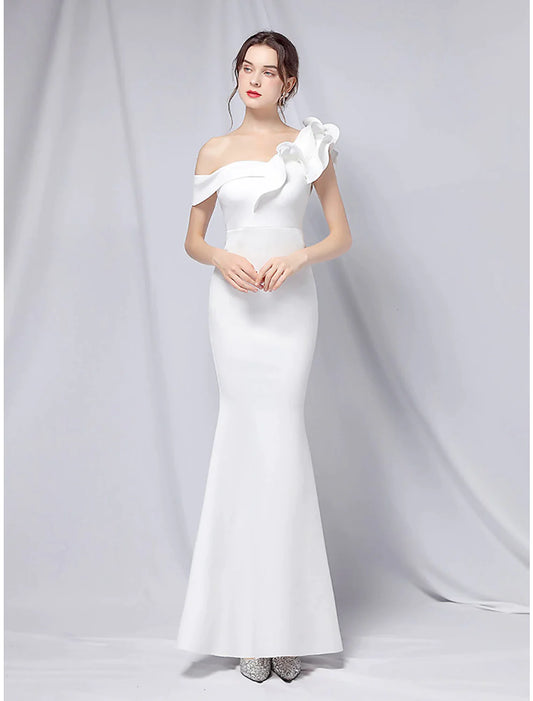 Elegant one-shoulder mermaid trumpet evening gown with ruffles.