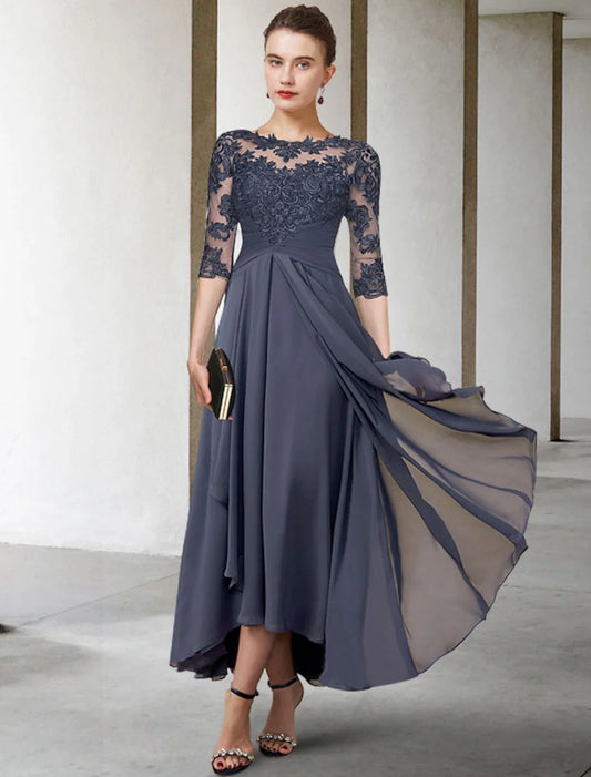 Elegant plus size A-line chiffon lace mother of the bride dress with jewel neck and half sleeves.
