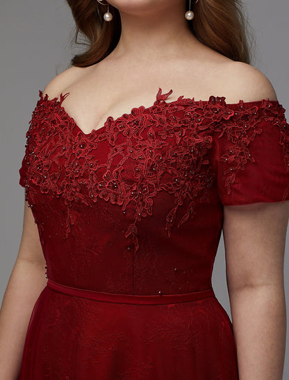 Full length view of the off-shoulder lace dress, perfect for formal events.