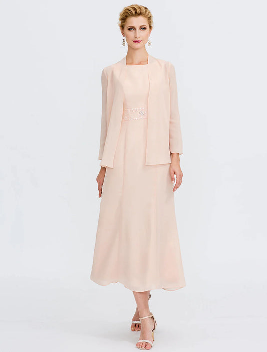 Elegant plus size two-piece chiffon Mother of the Bride dress with jewel neck.