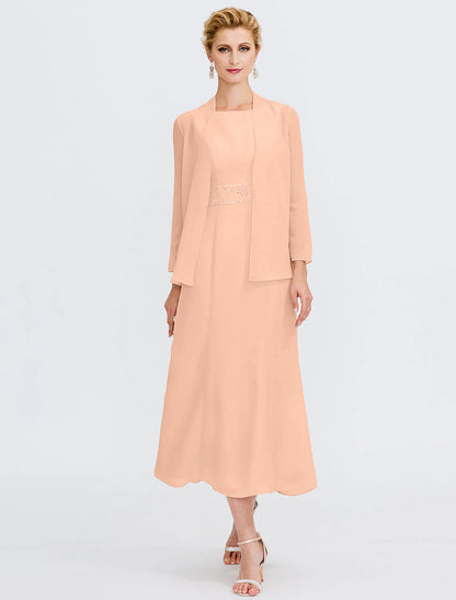 Side view of the tea-length Mother of the Bride dress, showing the sheath silhouette.