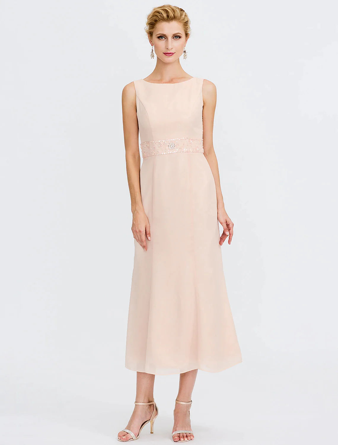 Model wearing the two-piece chiffon dress, showcasing its flow and fit.