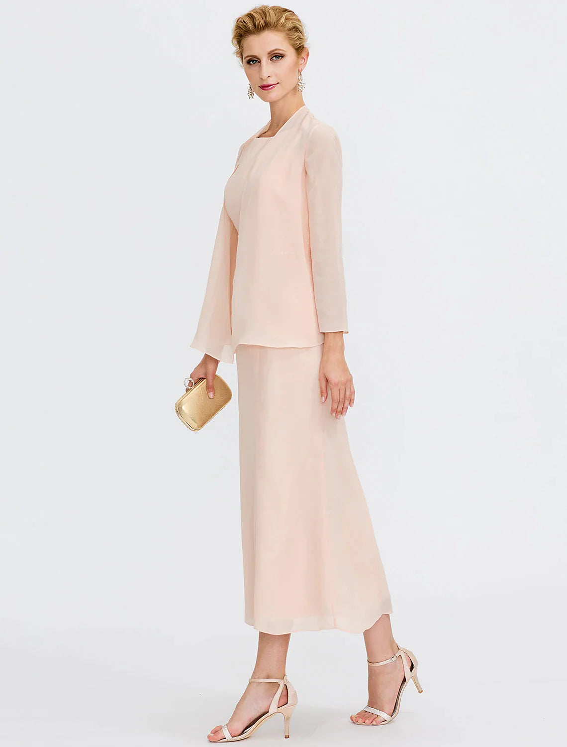 Full length view of the elegant tea-length dress for wedding guests.