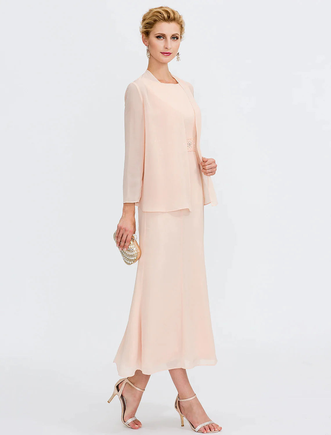 Another angle of the plus size Mother of the Bride dress with pleats.
