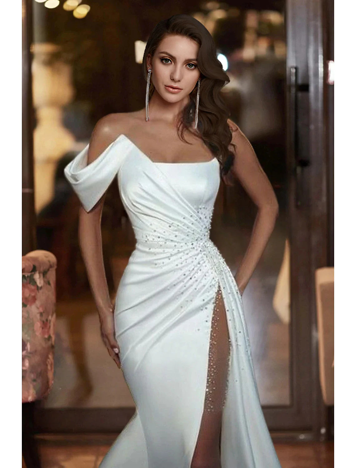 Back view of an elegant off-shoulder mermaid wedding dress in satin with beading and a court train.