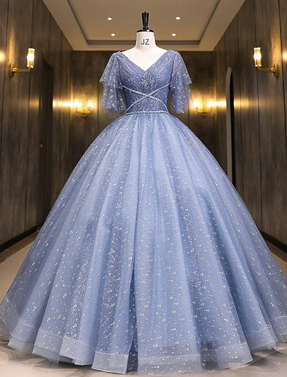 Full view of an elegant sequin ball gown Quinceanera dress with short sleeves and V-neck.