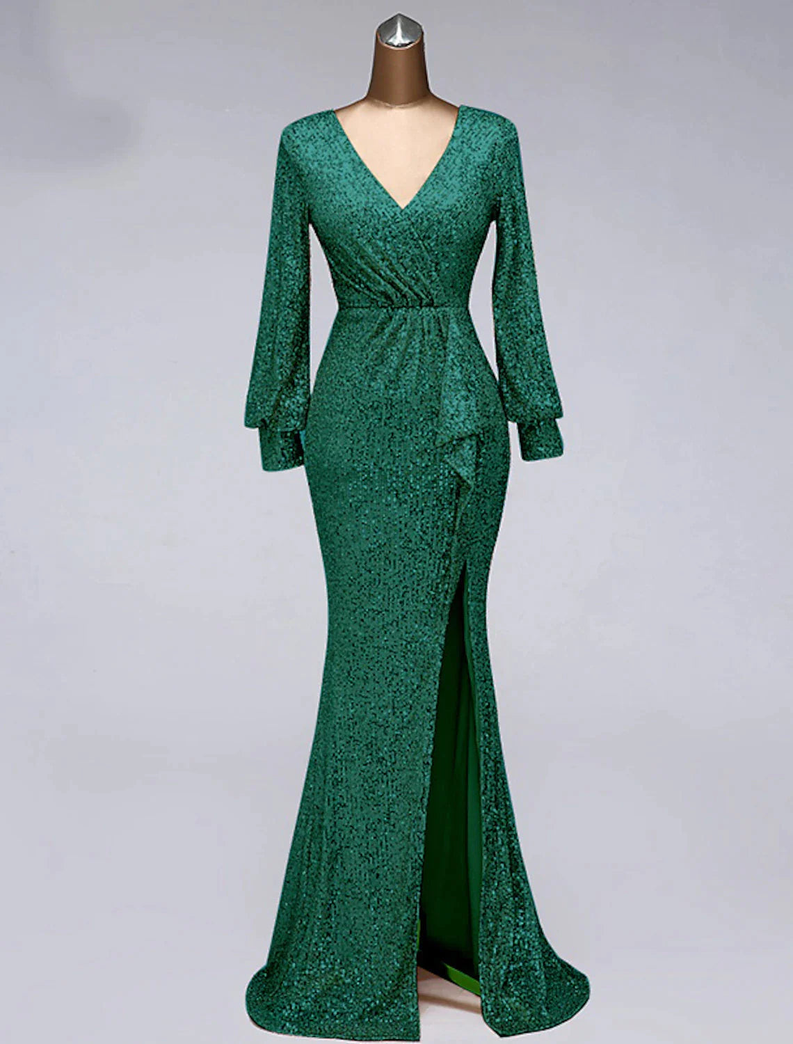 Back view of the elegant long sleeve mermaid trumpet evening dress.