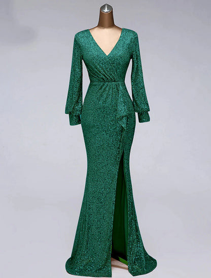 Back view of the elegant long sleeve mermaid trumpet evening dress.