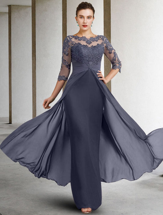 Elegant Mother of the Bride dress with jewel neck, 3/4 sleeves, and ruched lace details.