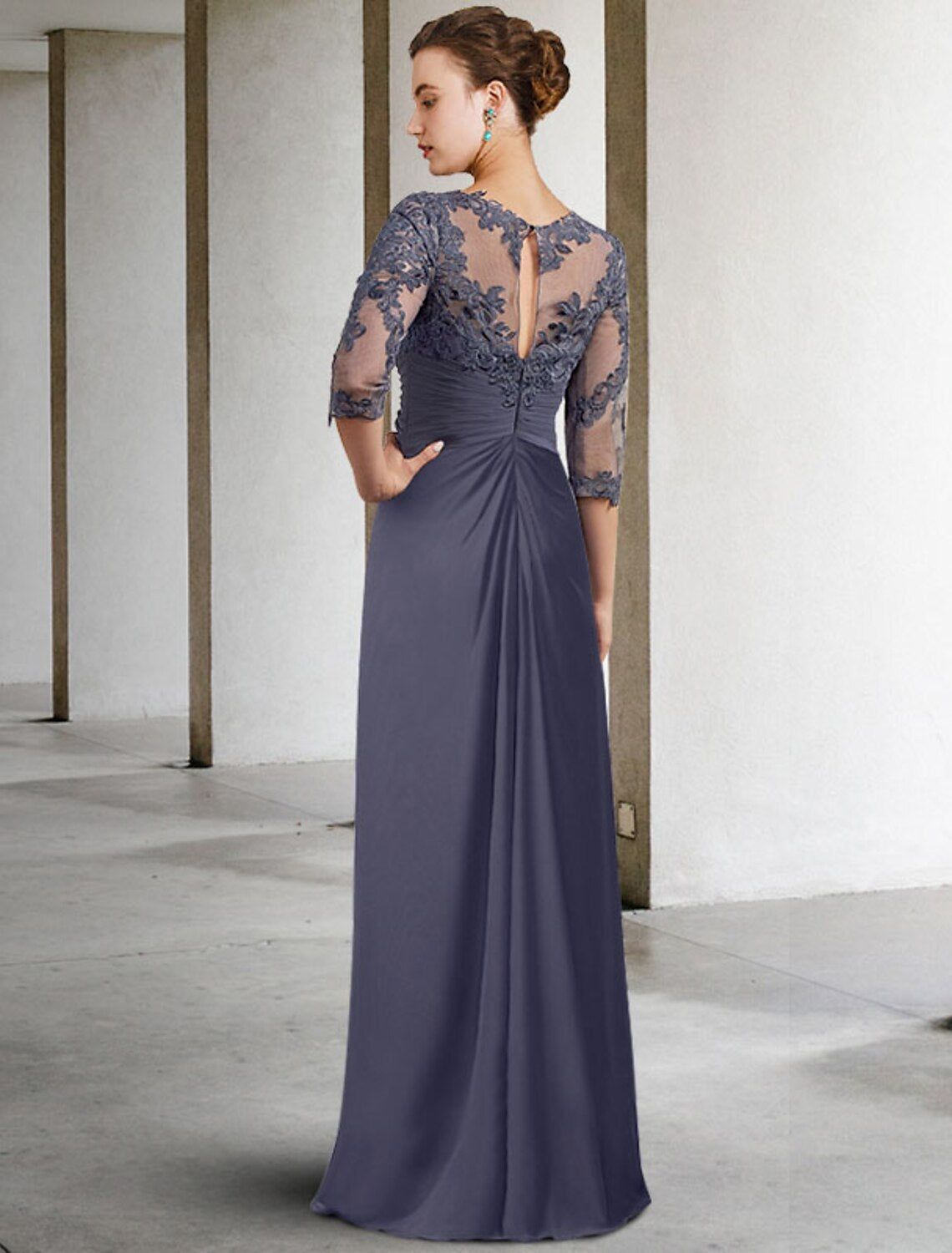 Side view of the elegant sheath column Mother of the Bride dress.