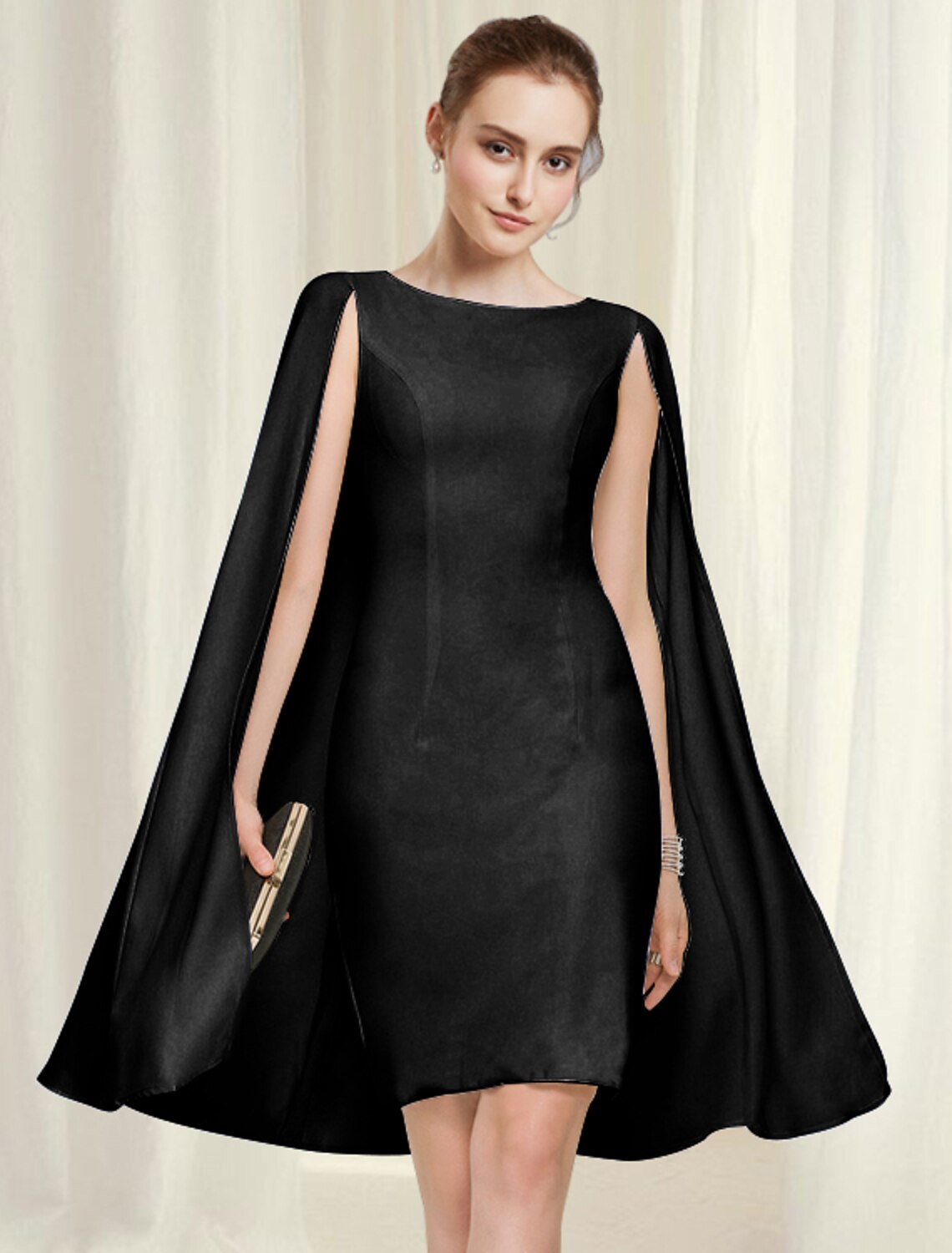 Elegant pure color knee-length sheath dress with a jewel neck, perfect for wedding guests.