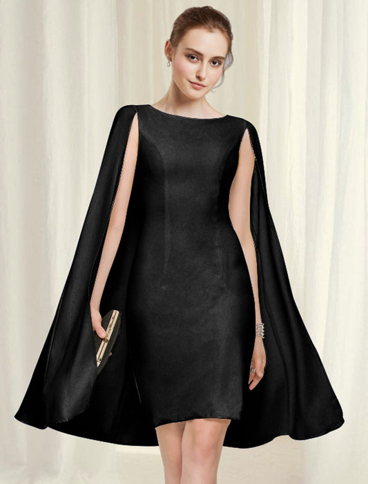 Elegant pure color knee-length sheath dress with a jewel neck, perfect for wedding guests.
