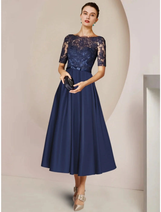 Elegant Sheath Column tea-length dress with scoop neck and short sleeves, featuring lace and satin details.