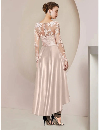 Asymmetrical ankle-length satin dress with V-neck and long sleeves, side view.