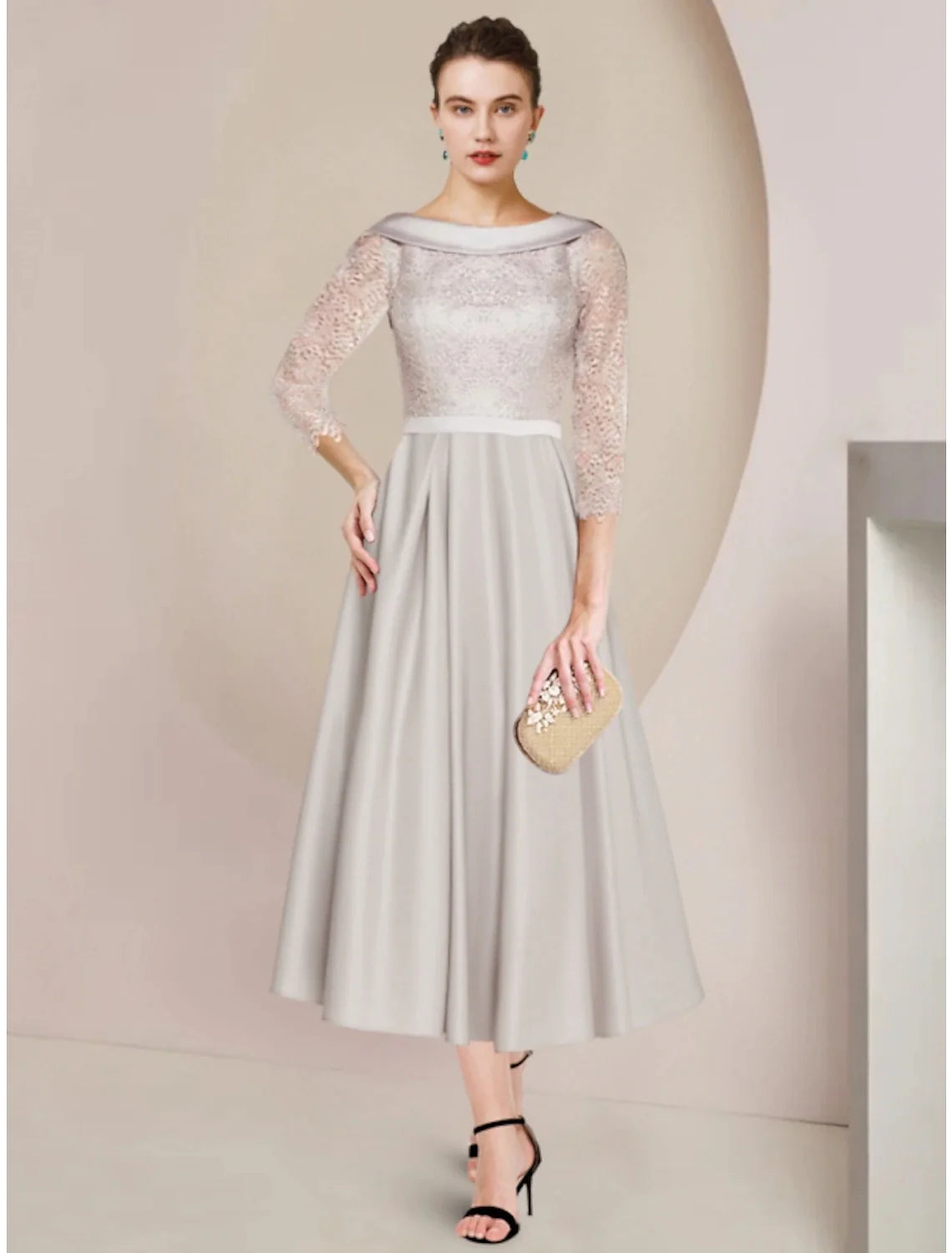 Elegant sheath Mother of the Bride dress with scoop neck and half sleeves, tea length satin.
