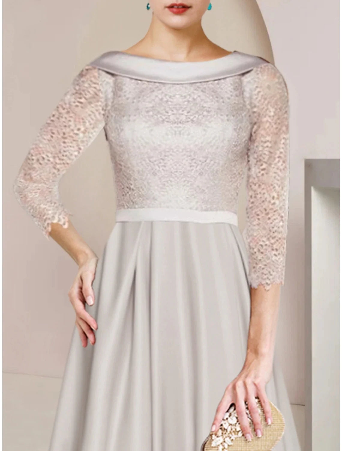 Back view of the tea length Mother of the Bride dress.