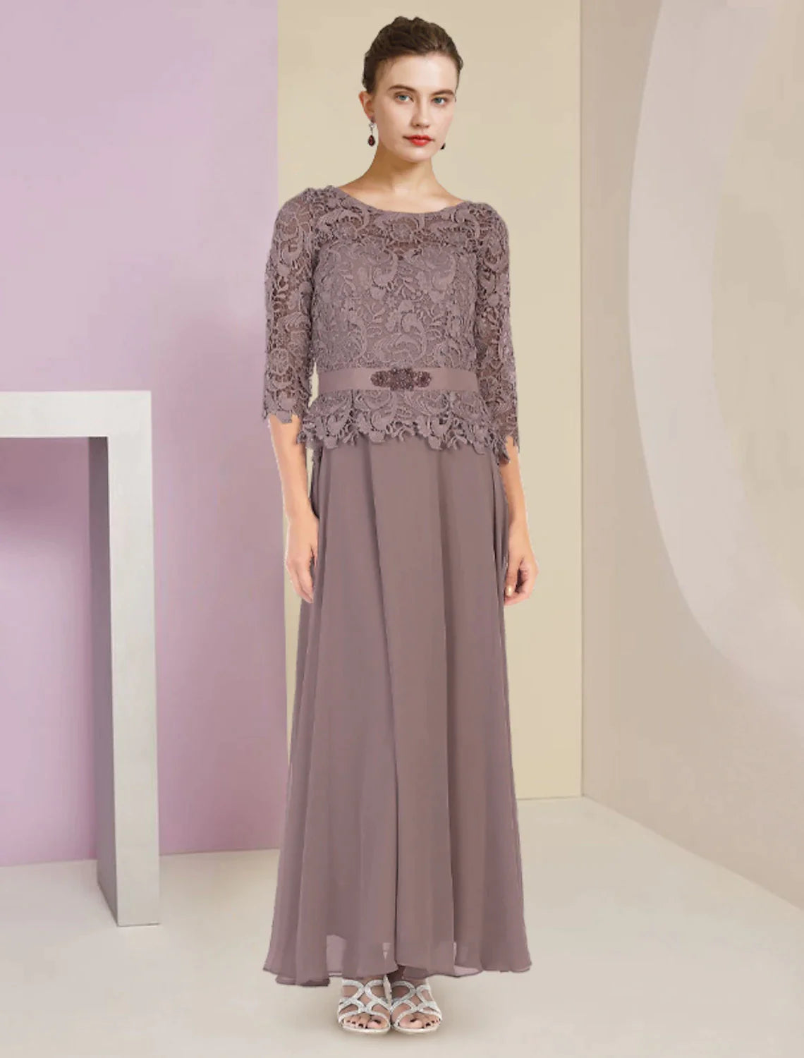 Elegant two-piece A-line gown with scoop neck and 3/4 sleeves.